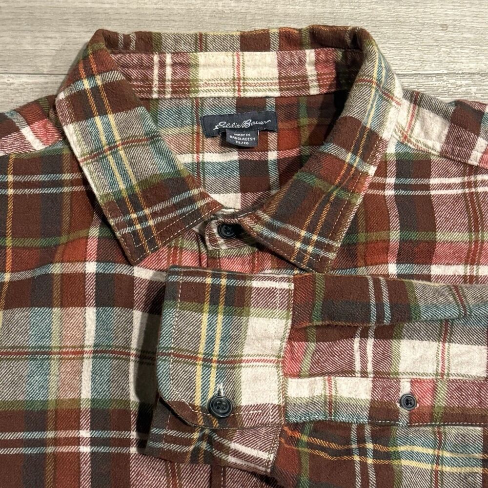 Eddie Bauer Flannel Shirt Men XL Red Brown Plaid Cotton Outdoor Heritage